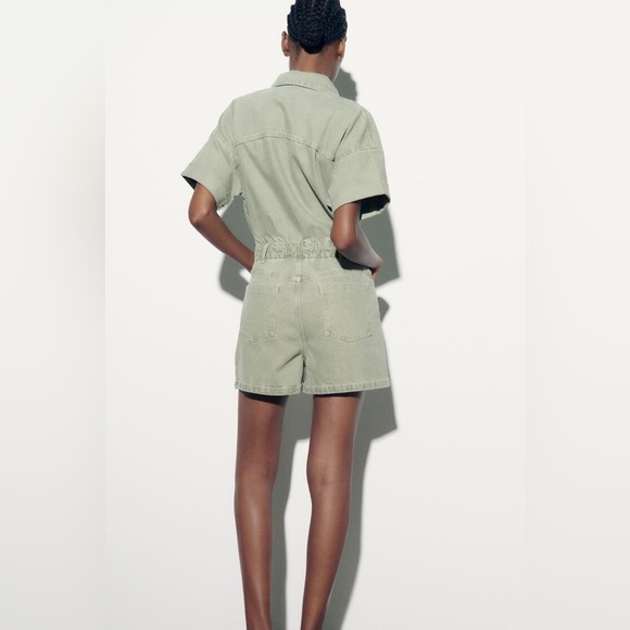 Zara romper jumpsuit denim jeans olive green - Picture 5 of 11
